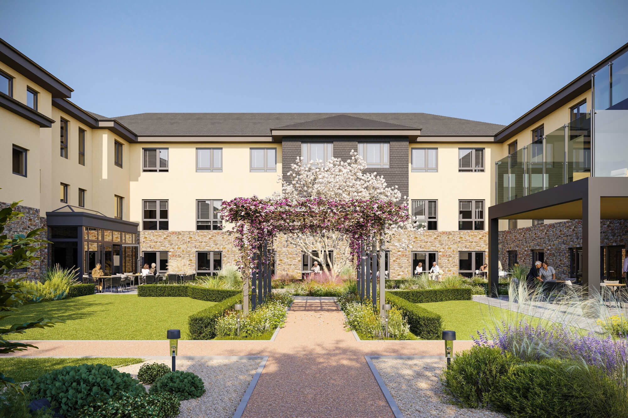 An artist's impression of the new care home, surrounded by lush greenery and a peaceful atmosphere.