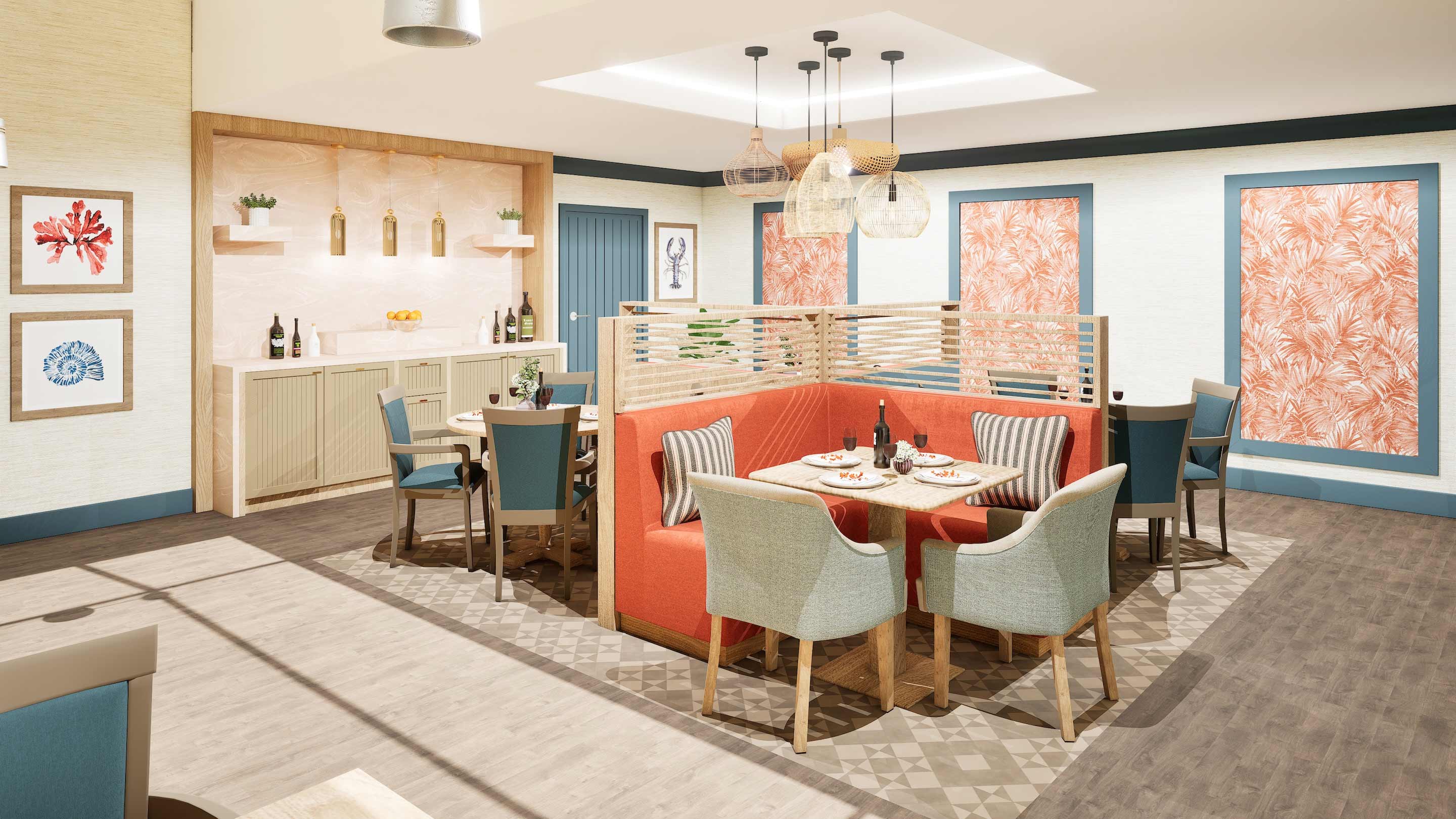 Modern dining area with a coral cushioned bench, wooden chairs, a dining table set with wine bottles and glasses, decorative wall art, pendant lighting, soft color palette, and a small bar in the background.