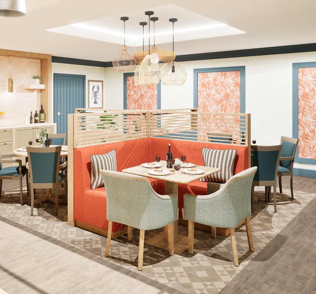 Modern dining area with a coral cushioned bench, wooden chairs, a dining table set with wine bottles and glasses, decorative wall art, pendant lighting, soft color palette, and a small bar in the background.