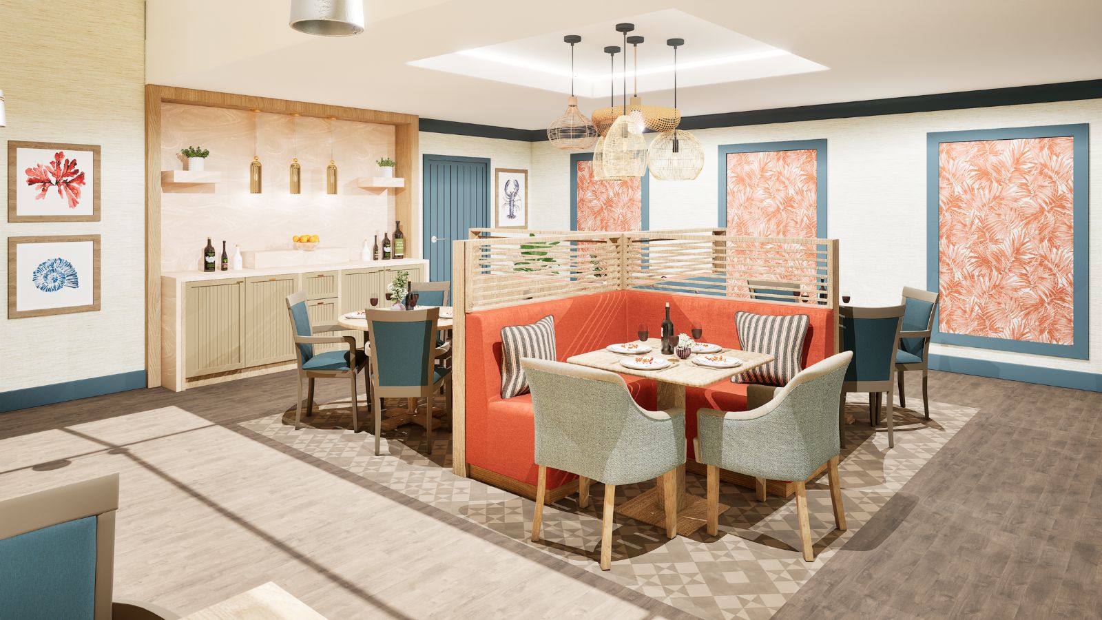  A well lit and brightly decorated restaurant area